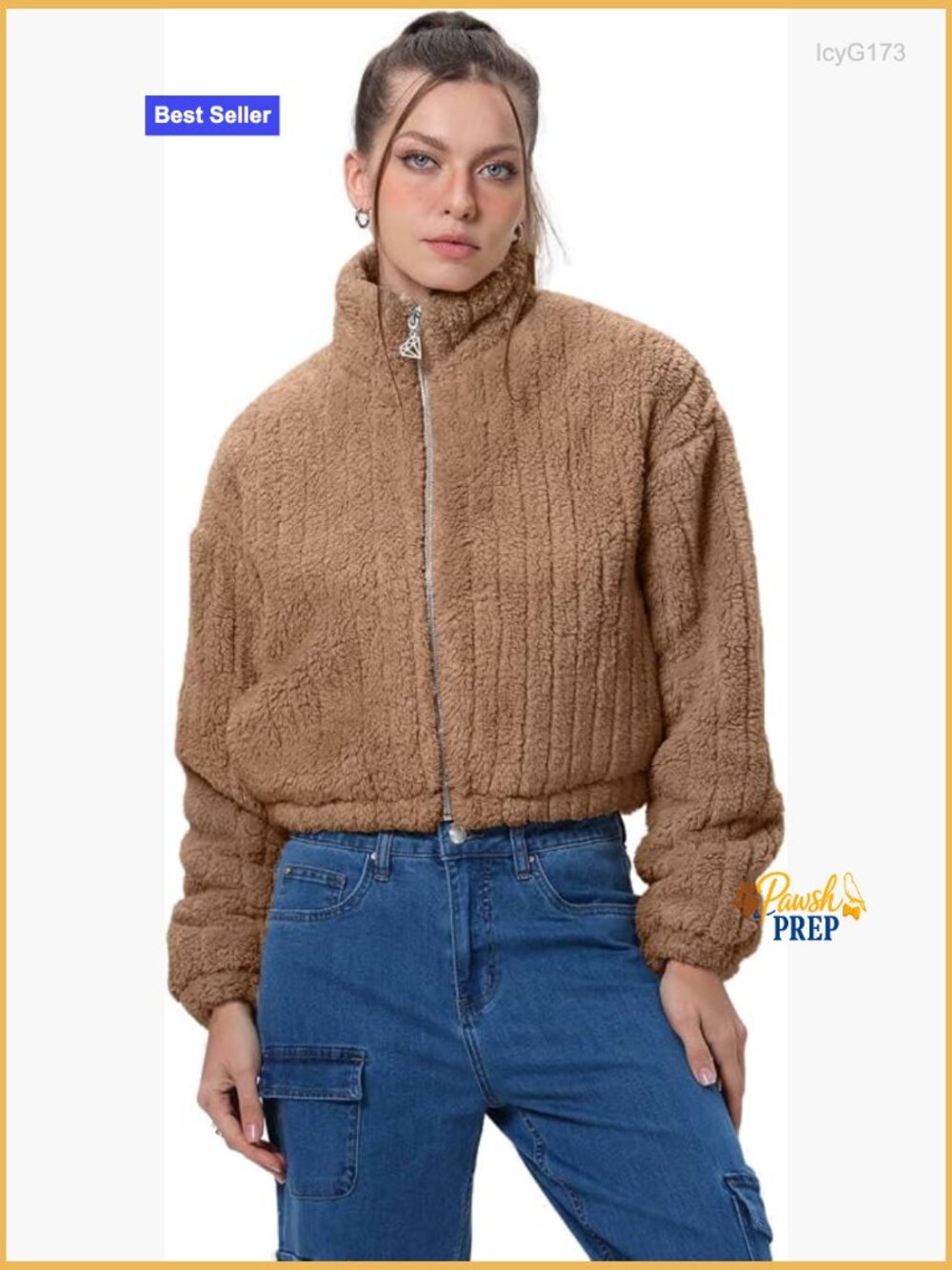 Cropped Sherpa Fleece Jacket Zip Up Fuzzy Teddy Bear Coat Winter Warm